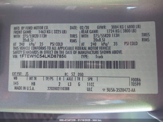 Ford F-150 Lariat 2020 1FTEW1C54LKD87856 Image 9