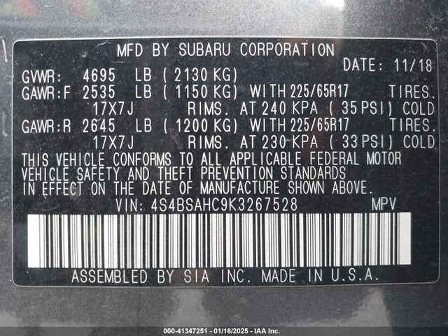 4S4BSAHC9K3267528 Subaru Outback 2.5i Premium