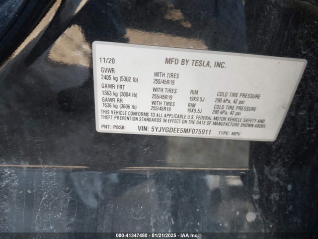 2021 TESLA MODEL Y 5YJYGDEE5MF075911 Photo 8