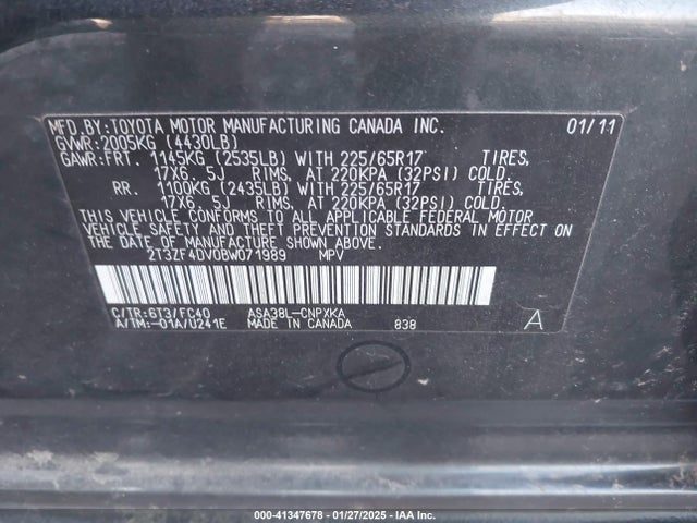 Aukcja sprzedaży 2011 Toyota Rav4, vin: 2T3ZF4DV0BW071989, numer aukcji: 41347678