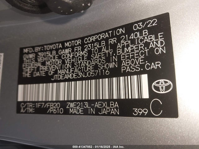 JTDEAMDE3NJ057116 Toyota Corolla Hybrid Le