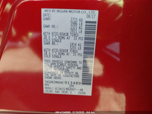 5N1DR2MNXHC913489 Nissan Pathfinder Sv