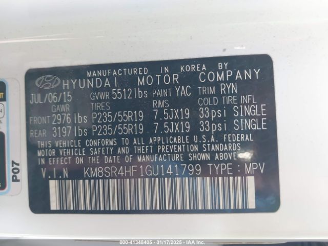 KM8SR4HF1GU141799 Hyundai Santa Fe Limited