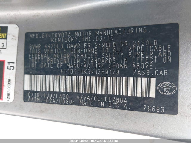 4T1B11HK3KU769178 Toyota CAMRY LE