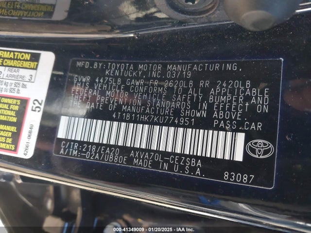 4T1B11HK7KU774951 Toyota CAMRY SE