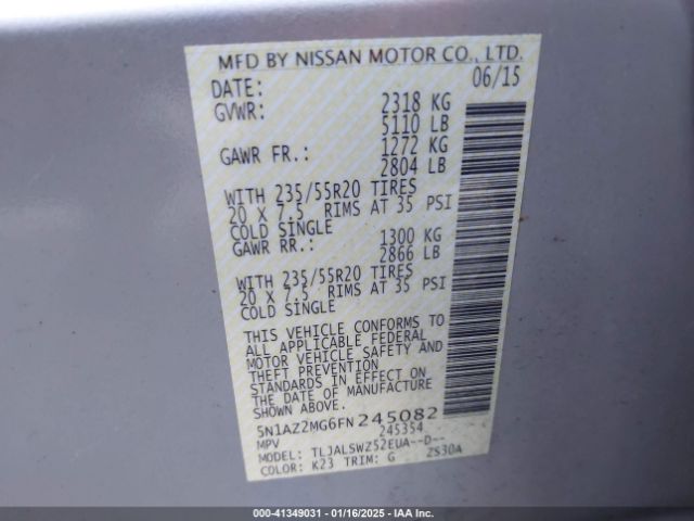 5N1AZ2MG6FN245082 Nissan Murano Platinum