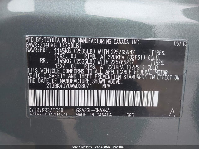 Aukcja sprzedaży 2010 Toyota Rav4 Base V6, vin: 2T3BK4DV0AW028071, numer aukcji: 41349110