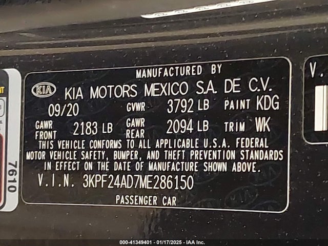 3KPF24AD7ME286150 KIA Forte Lxs