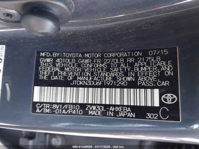 JTDKN3DU6F1971290 Toyota Prius Two