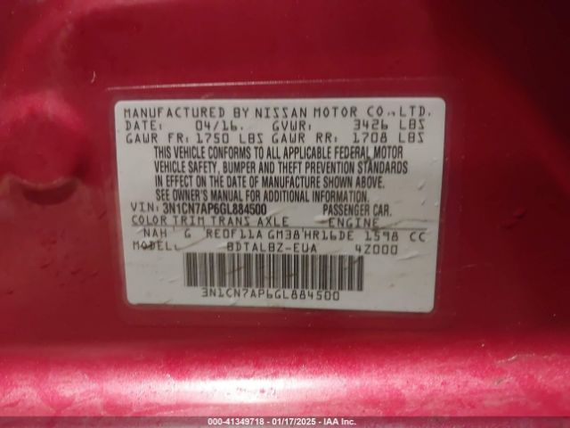 3N1CN7AP6GL884500 Nissan Versa 1.6 S/1.6 S+/1.6 Sl/1.6 Sv