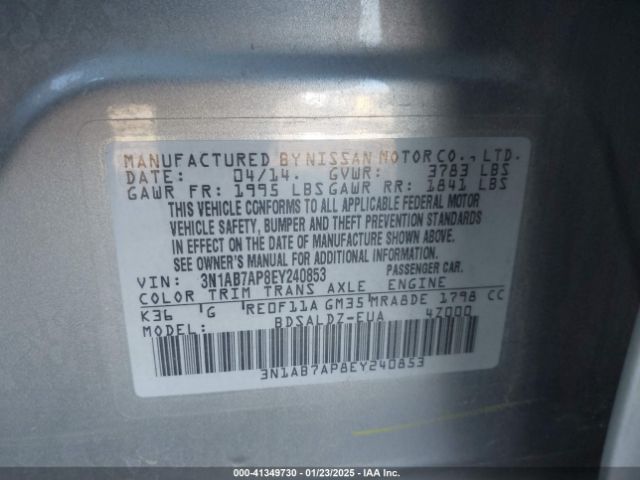 3N1AB7AP8EY240853 Nissan Sentra Fe+ S/fe+ Sv/s/sl/sr/sv