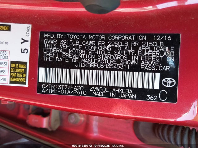 Toyota Prius Two 2017 JTDKBRFU6H3545311 Image 9