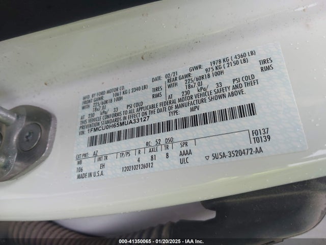 1FMCU0H65MUA33127 Ford ESCAPE SEL
