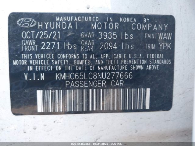 KMHC65LC8NU277666 Hyundai Ioniq Hybrid Blue