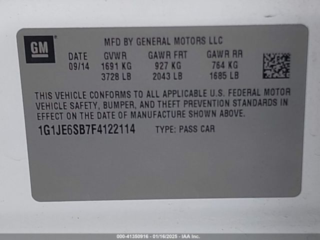 1G1JE6SB7F4122114 Chevrolet Sonic Ltz Auto