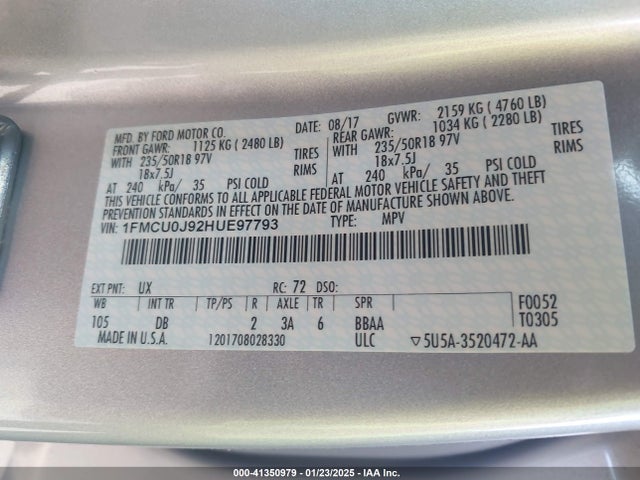 Ford Escape 2017 1FMCUOJ92HUE97793 Image 9