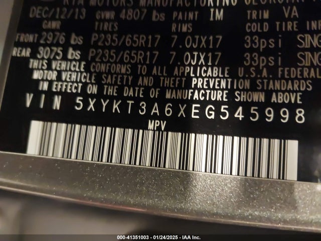 5XYKT3A6XEG545998 KIA SORENTO LX