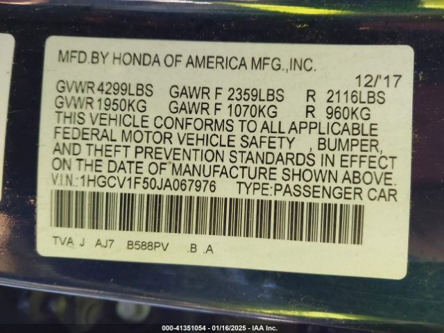 1HGCV1F50JA067976 Honda Accord Ex-l