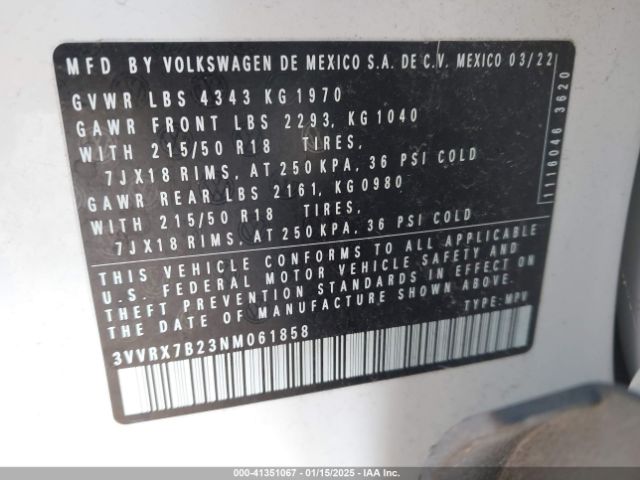 3VVRX7B23NM061858 Volkswagen Taos 1.5t Se
