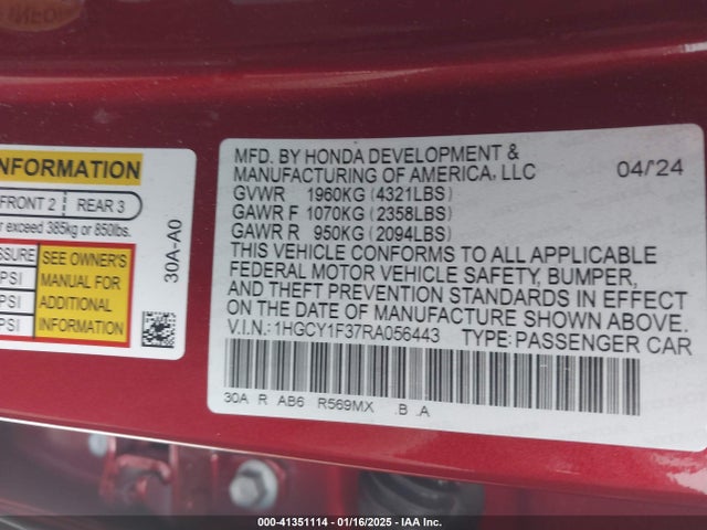 Honda ACCORD EX 2024 1HGCY1F37RA056443 Image 9