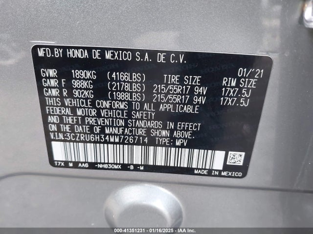 3CZRU6H34MM726714 Honda Hr-v Awd Lx