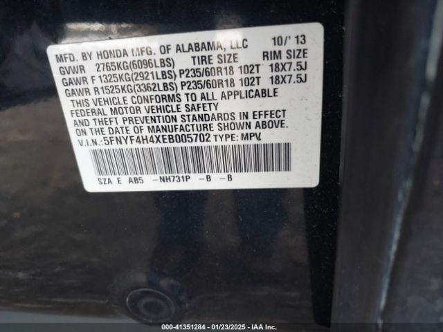 5FNYF4H4XEB005702 Honda Pilot Ex