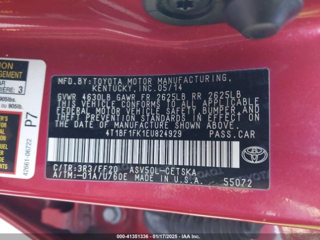 4T1BF1FK1EU824929 Toyota CAMRY SE