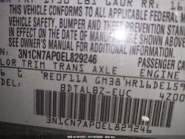 3N1CN7AP0EL829246 Nissan Versa 1.6 Sv