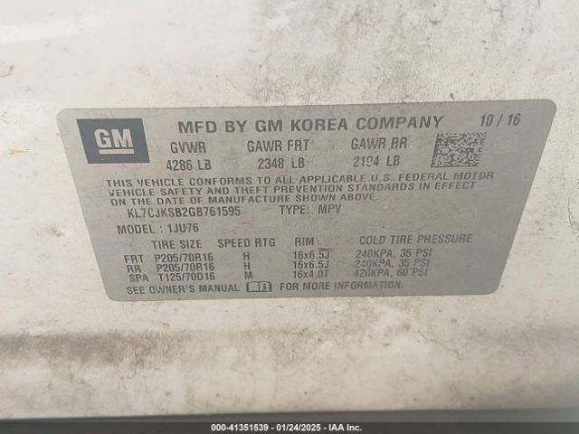 KL7CJKSB2GB761595 Chevrolet Trax 1ls