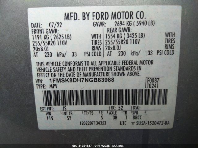 1FMSK8DH7NGB83988 Ford EXPLORER XLT