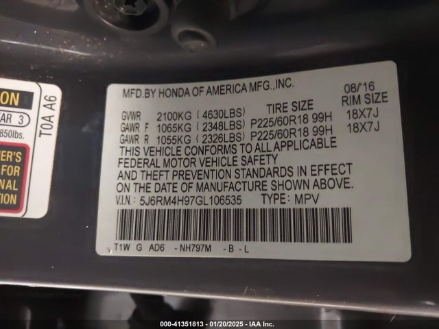 Honda Cr-v Touring 2016 5J6RM4H97GL106535 Image 9