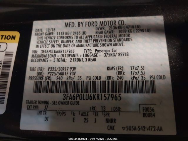 3FA6P0LU6KR157965 Ford Fusion Hybrid Se