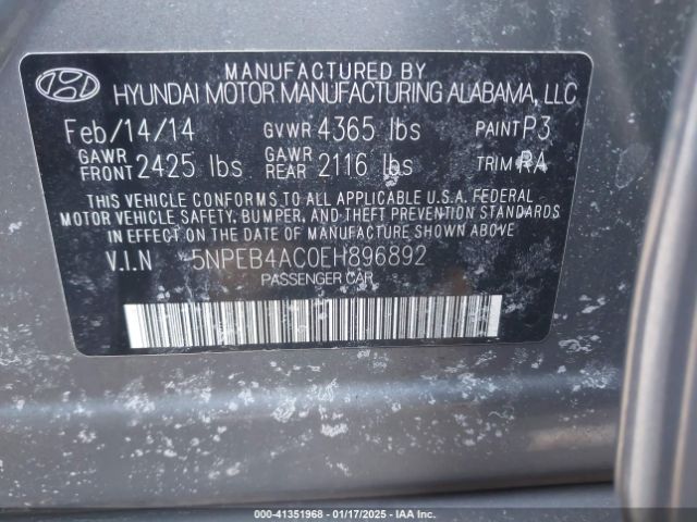 5NPEB4AC0EH896892 Hyundai SONATA GLS