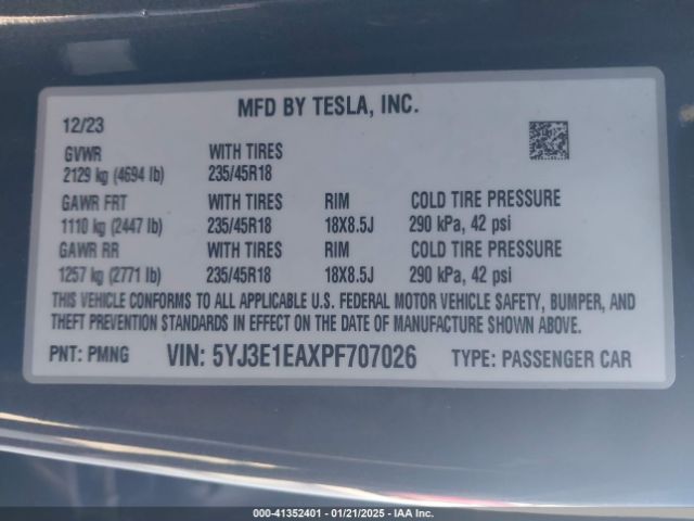 5YJ3E1EAXPF707026 Tesla Model 3 Rear-wheel Drive