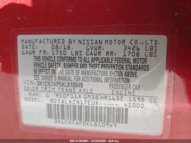 Nissan Versa 1.6 S+ 2019 3N1CN7AP0KL810949 Image 9