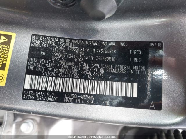 5TDKZRFH0JS544190 Toyota Highlander Xle