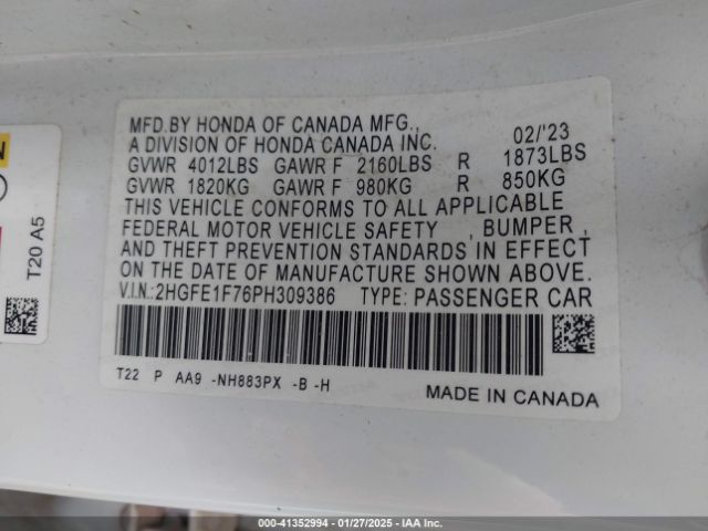 2HGFE1F76PH309386 Honda Civic Ex /ex W/o Bsi