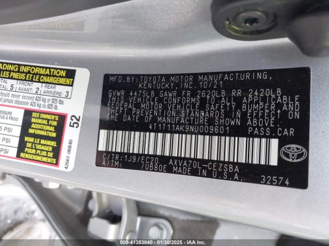4T1T11AK9NU009601 Toyota Camry Se Nightshade/se Nightshade Edition