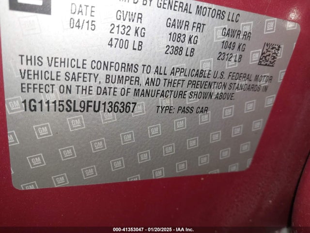 Chevrolet IMPALA 1LT 2015 1G1115SL9FU136367 Image 9