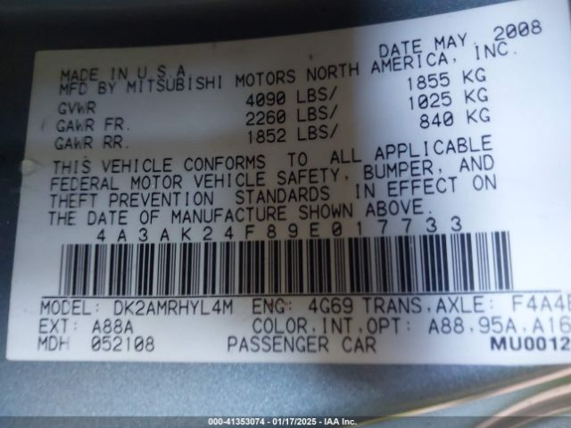 2009 MITSUBISHI ECLIPSE 4A3AK24F89E017733 Photo 8