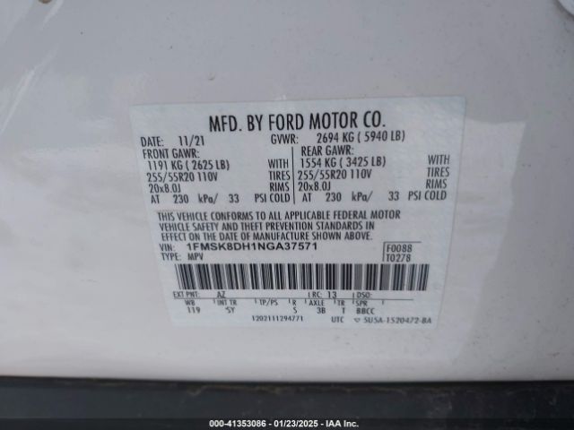 1FMSK8DH1NGA37571 Ford EXPLORER XLT