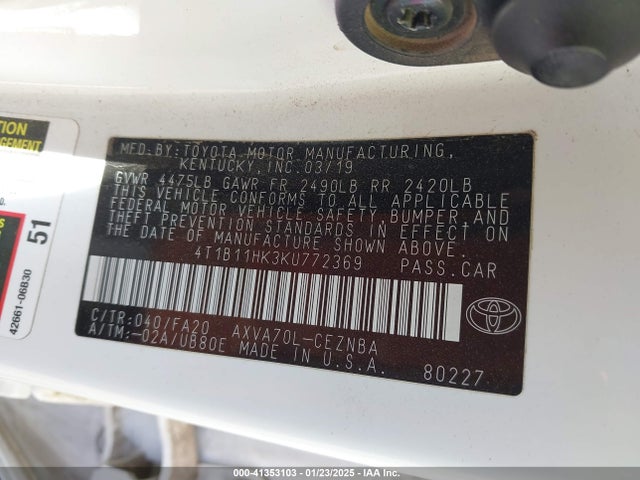 4T1B11HK3KU772369 Toyota CAMRY LE