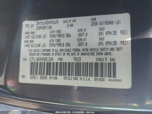 Aukcja sprzedaży 2004 Dodge Dakota, vin: 1D7FL16K54S651334, numer aukcji: 41353125