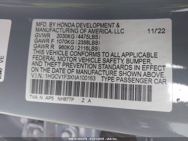 1HGCV1F3XNA100163 Honda Accord Sport
