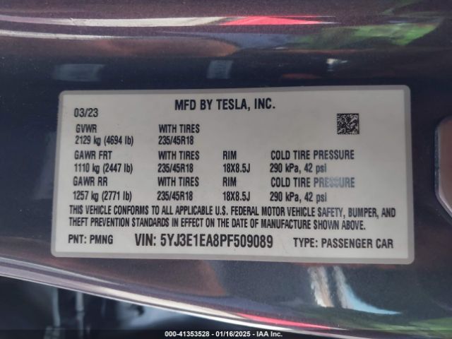 5YJ3E1EA8PF509089 Tesla Model 3 Rear-wheel Drive