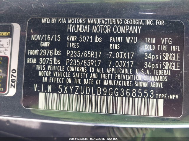 5XYZUDLB9GG368553 Hyundai Santa Fe Sport 2.4l