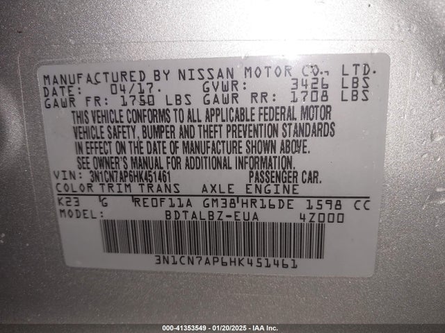 3N1CN7AP6HK451461 Nissan Versa 1.6 Sv