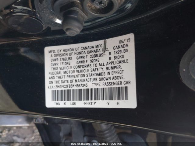 2HGFC2F83KH567345 Honda Civic Sport