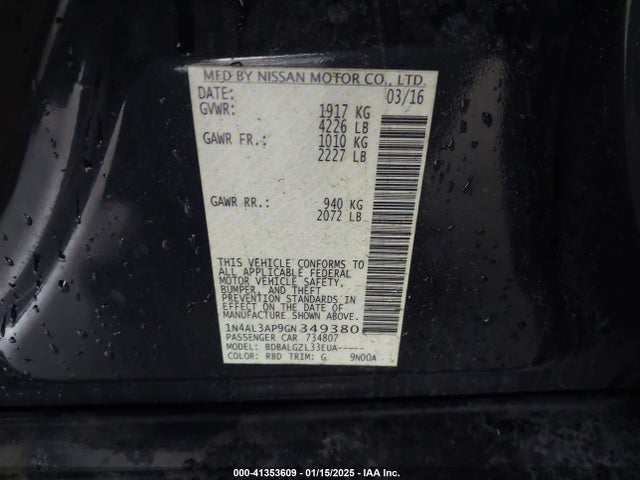 1N4AL3AP9GN349380 Nissan Altima 2.5/2.5 S/2.5 Sl/2.5 Sr/2.5 Sv