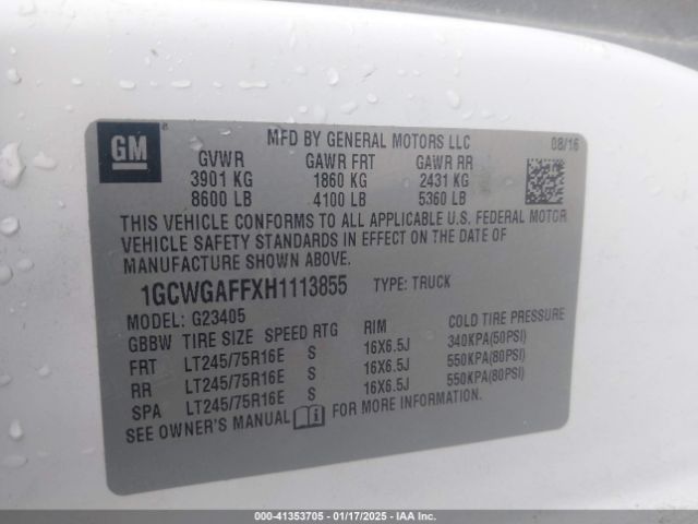 1GCWGAFFXH1113855 Chevrolet Express 2500 Work Van